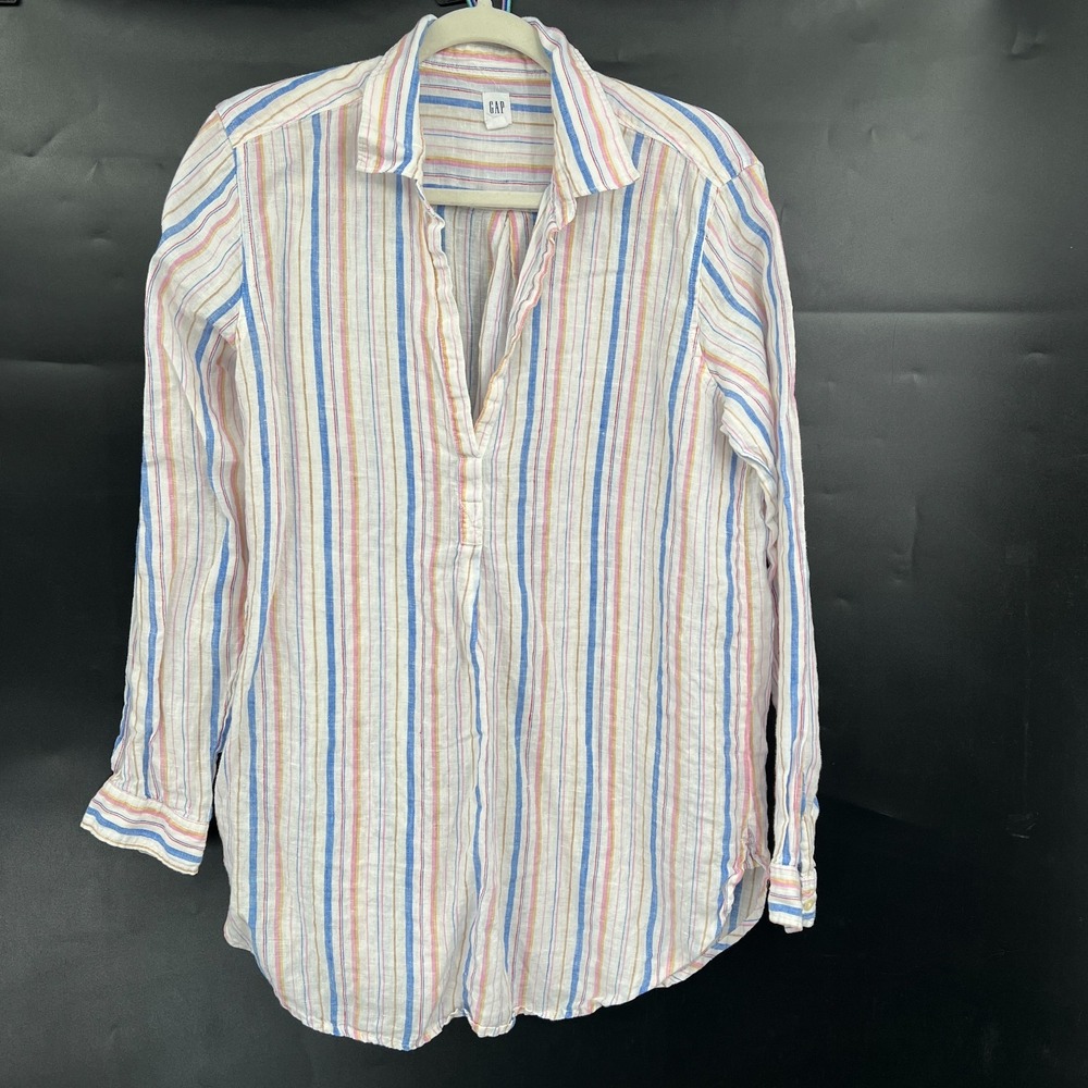GAP multicolor stripe linen tunic blouse coastal grandmother chic preppy top L